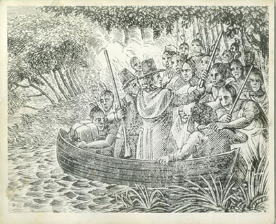 An engraving depicting of the capture of John Lawson and Baron Christoph von Graffenried as they traveled on the Neuse River by the Tuscarora people.
