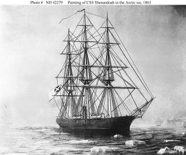 "CSS Shenandoah (1864-1865). Painting depicting the Confederate cruiser in the Arctic ice, circa June 1865. This image has been credited to the "Illustrated London News", though it appears to be a painting on canvas and not a line engraving. U.S. Naval Historical Center Photograph." Image Courtesy of Naval Historical Center.