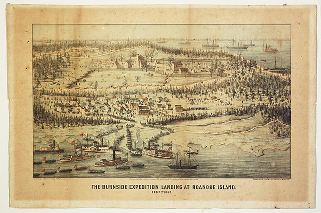 "The Burnside expedition landing at Roanoke Island - February 7th 1862." Courtesy of Library of Congress.