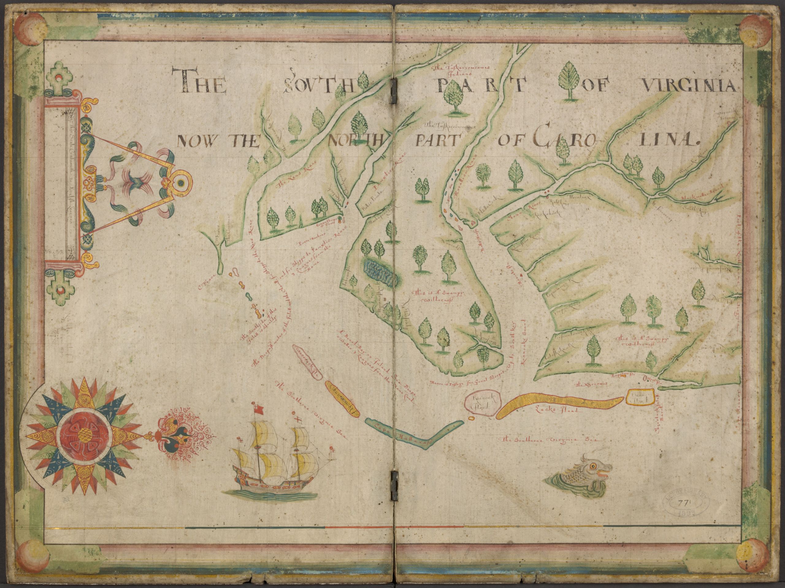 "The south part of Virginia, now the north part of Carolina," map by Nicholas Comberford, 1657. From the collections of the New York Public Library.