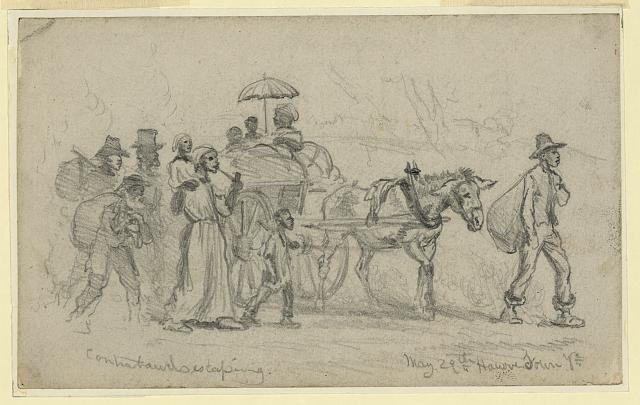 "Contrabands escaping." Created by Forbes, Edwin, May 29, 1864. Courtesy of Library of Congress.