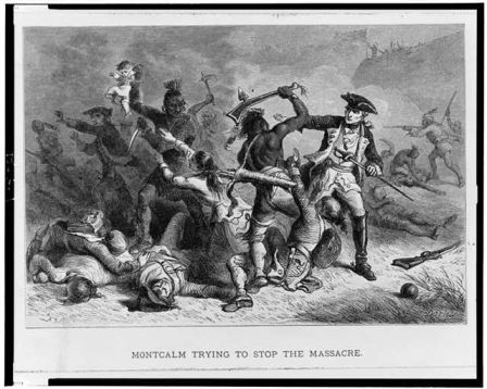 "Montcalm trying to stop the massacre." Engraved by Bobbett, Alfred, ca. 1824-1888(9). Summary from LOC: "Montcalm trying to stop Native Americans from attacking British soldiers and civilians as they leave Fort William McHenry." Image courtesy of Library of Congress.