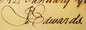 Isaac Edwards' signature from warrant dated January 12, 1768. Image courtesy of Tryon Palace.