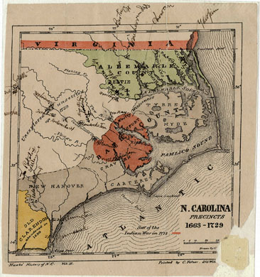Map, "N. Carolina Precincts 1663-1729," by George Shroeter and Francis L. Hawks. Publihed by E. J. Hale & Son, Fayetteville, North Carolina, circa 1858. From the North Carolina Collection, University of North Carolina. Presented by North Carolina Maps. Robert Mellyne is associated with Bath County and is believed to have owned property near the Pamlico River.