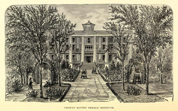 Engraved image of Chowan Baptist Female Institute, circa 1899, from the <i>Catalogue of Chowan Baptist Female Institute, Murfreesboro, N.C.</i>, Fifty-First Sesssion, 1898-99. Published by the Presses of Edward & Broughton, Raleigh, N.C. Presented on Archive.org. William Petty was elected president of Chowan Baptist Female Institute in 1896.