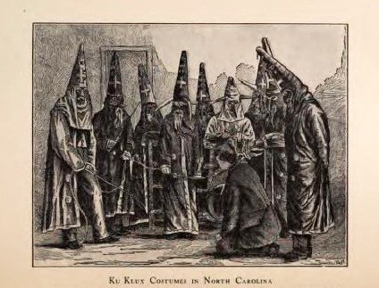 Engraving of Ku Klux Klan costumes in North Carolina, circa 1870, after a photograph, in Walter L. Fleming's <i>Documentary History of Reconstruction, Vol. II</i> published 1907. Presented on Archive.org.