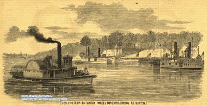 &quot;General Foster's Infantry Forces Disembarking at Winton.&quot; Image courtesy of the UNC Library Civil War Image Portfolio. 